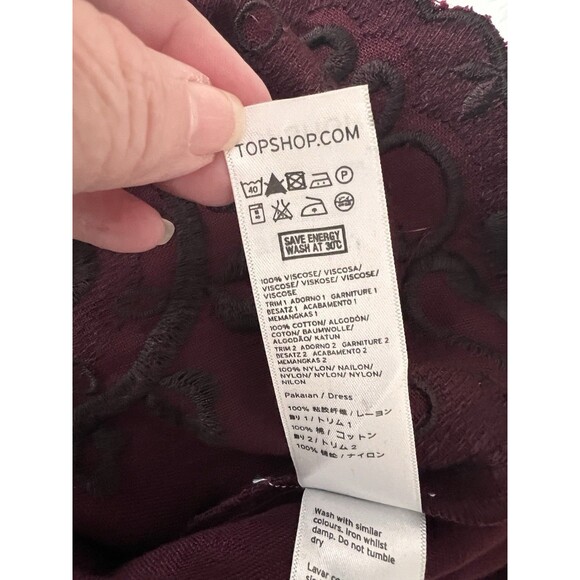 Topshop Embroidered Shift Dress Size 12 Burgundy 3/4 Sleeve Peter Pan Collar - Picture 14 of 15